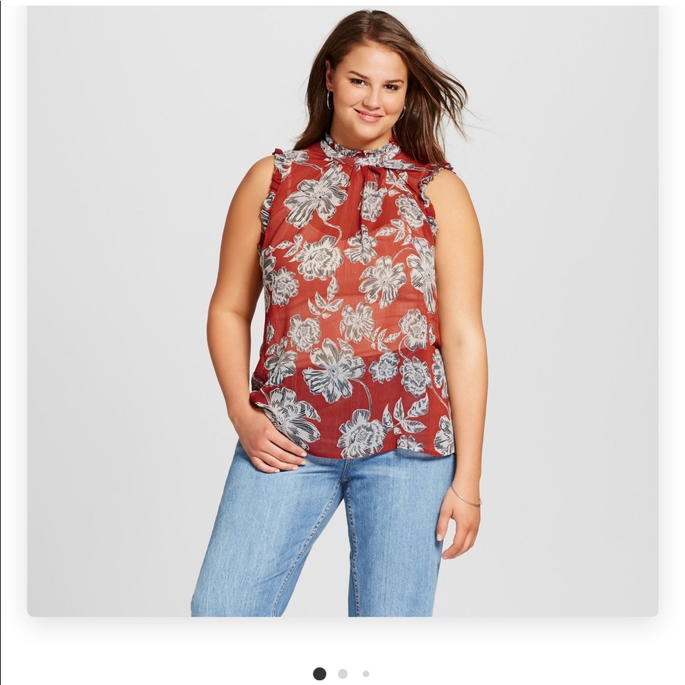 Who What Wear Orange Floral Ruffle Trim Shell